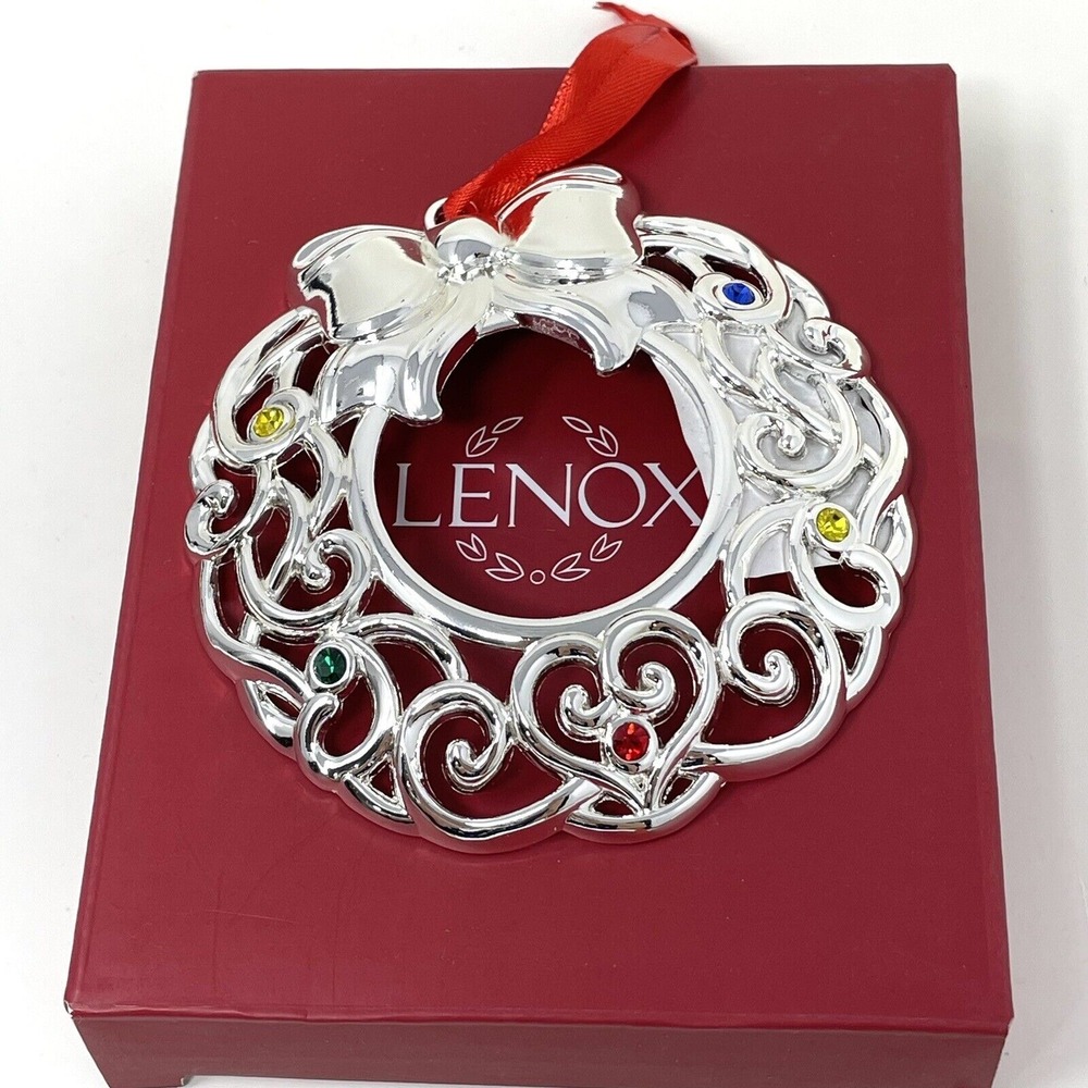 Lenox Sparkle And Scroll Wreath Ornament‎ Silver Plate Multicolor Gems 3.9in